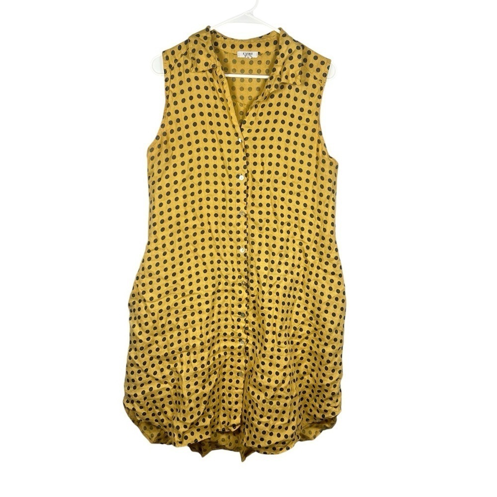 Rosemarine Linen Gold Black Polka Dot Print Shirt Dress Medium Lagenlook